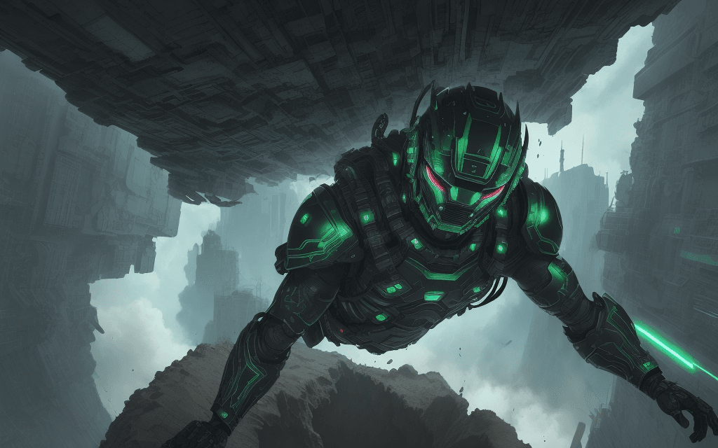 AI generated: brutal man warrior falling into a hole, looking sky, inspired by Mike Winkelmann, futuristic, metall...