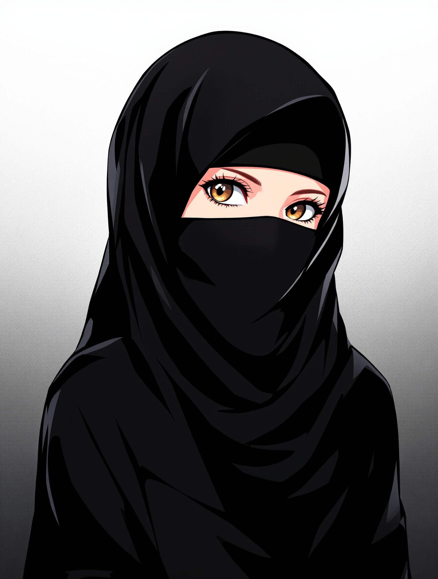 AI generated: anime style of a girl, wear a black hijab, black clothes, Face covering with niqab, background gradi...