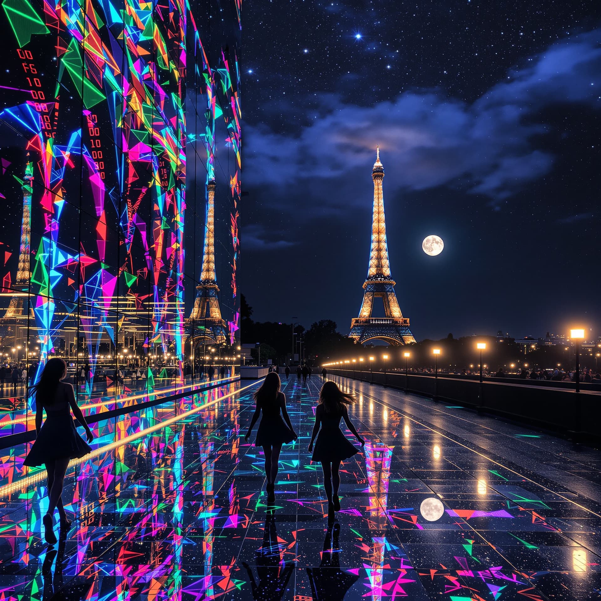 AI generated: Psychedelic, trippy. Surreal, reflective Paris, France, colorful lights bounce off massive mirror fa...