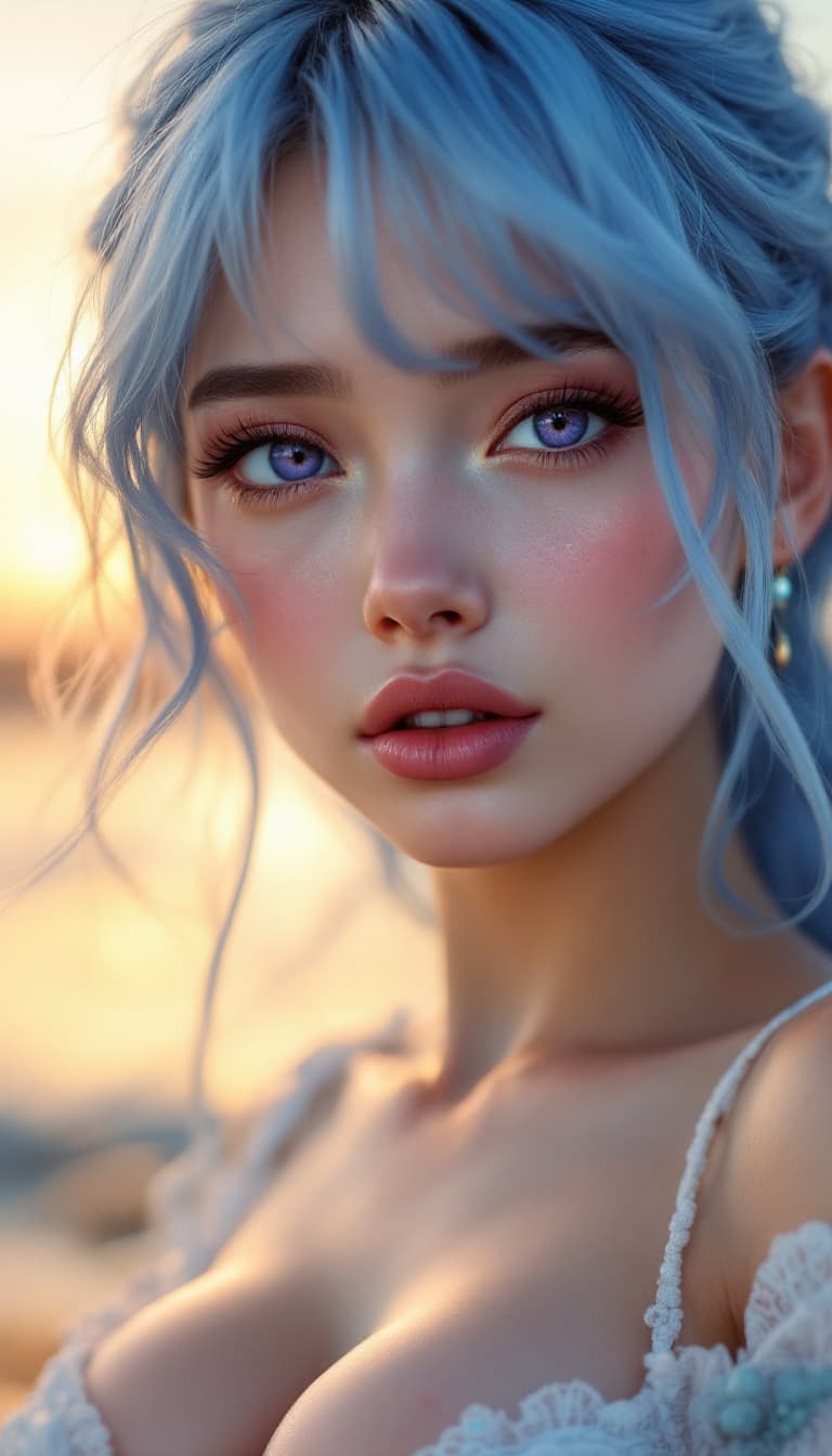AI generated: Detailed violet eyes, detailed light blue hair, small nose, huge lips, very beautiful facial feature...