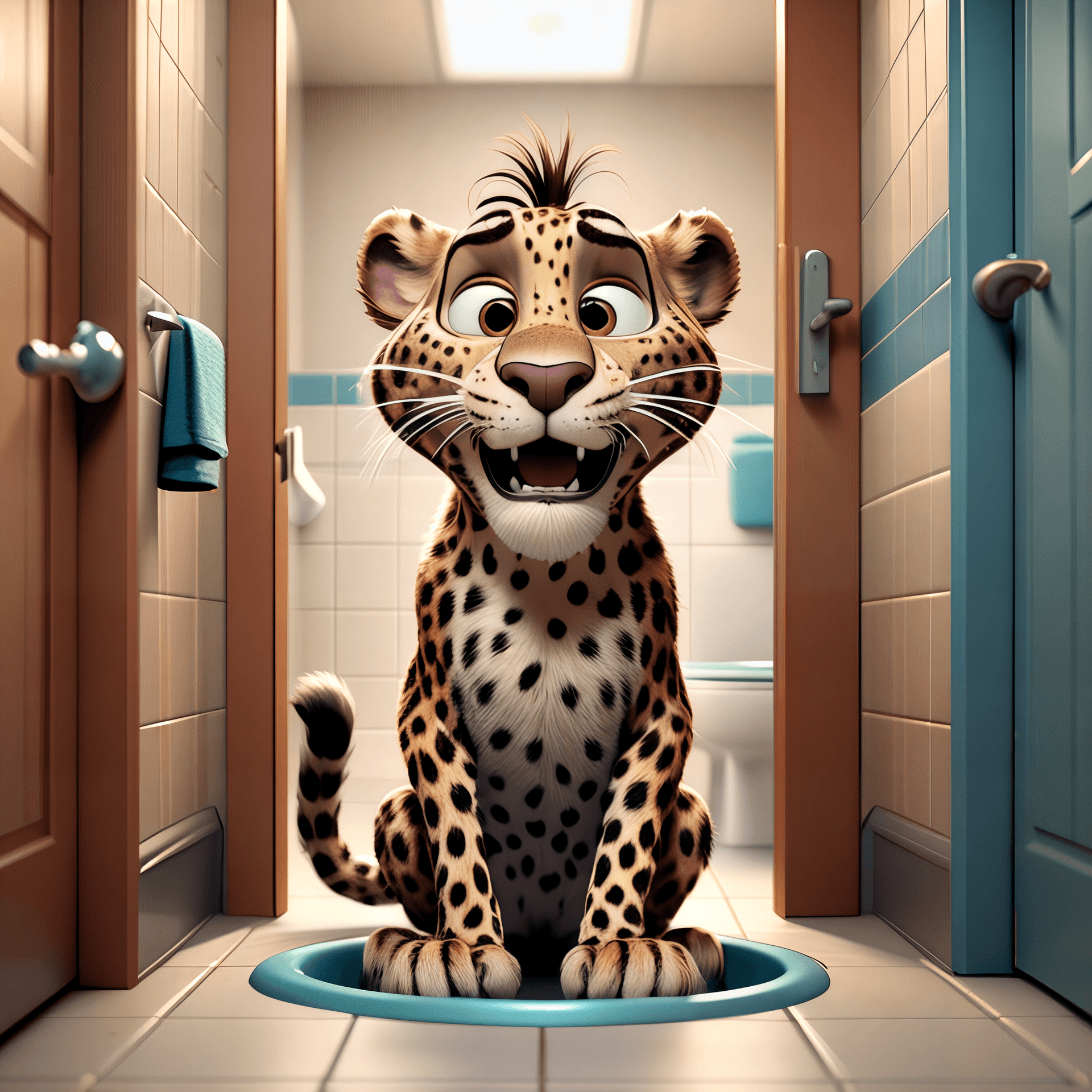 AI generated: Close-up professional cinematic pixar 3D animation of a long-furred leopard, its face panicked and g...