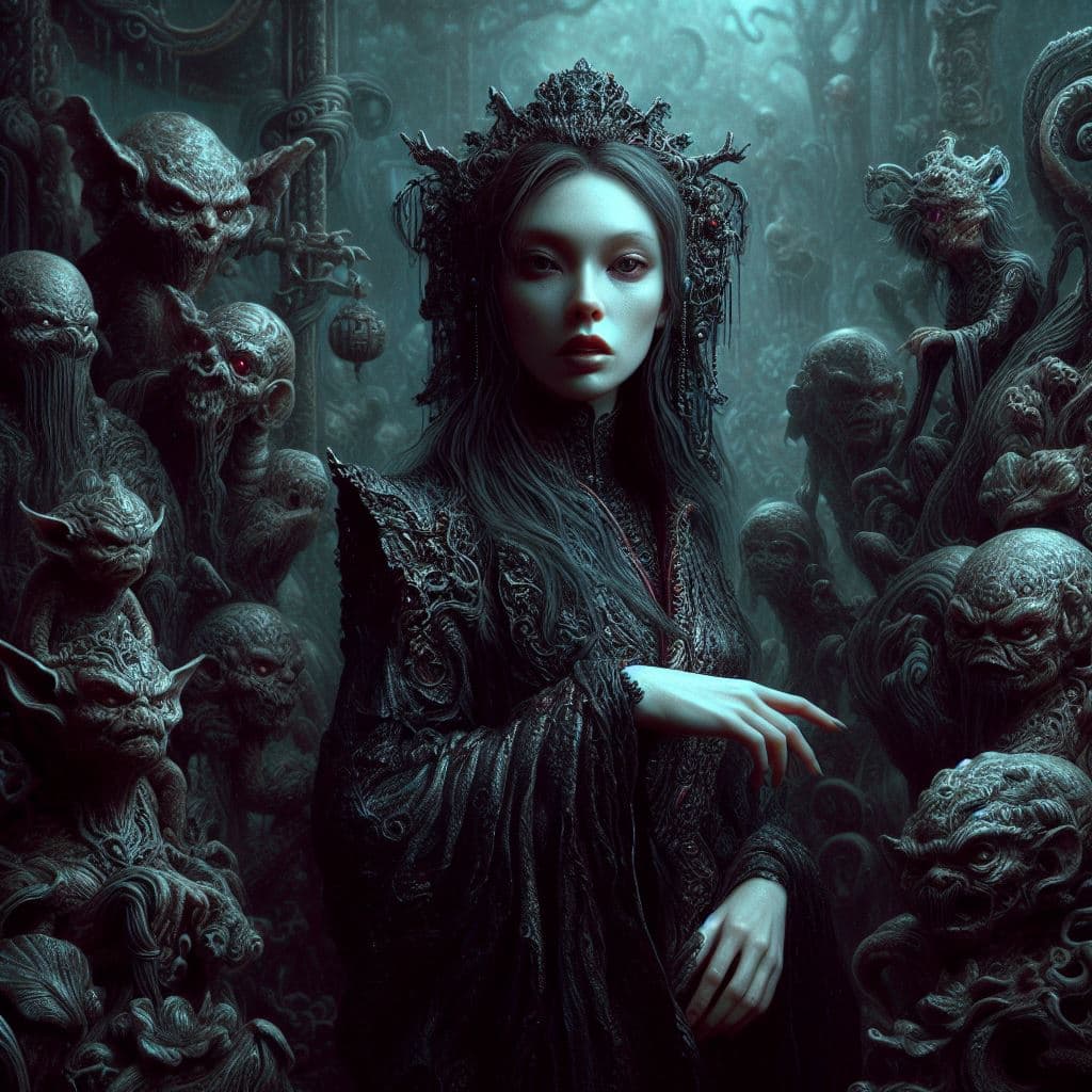 AI generated: a strange ,mystical world by H.r.Giger and jean ansell. A gothic woman looks mysteriously into the p...