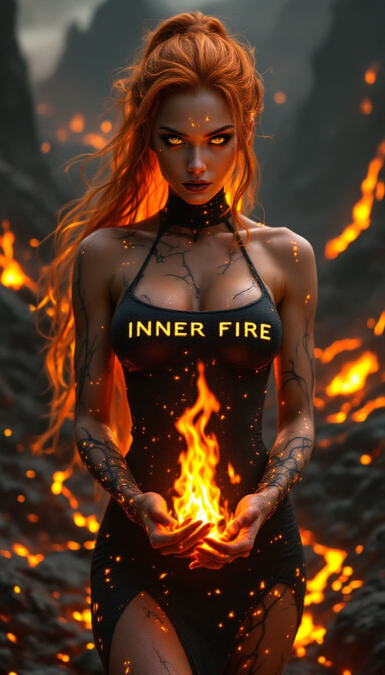 AI generated: A hyper-realistic portrait of a female fire elemental with molten lava skin and long, flickering ora...