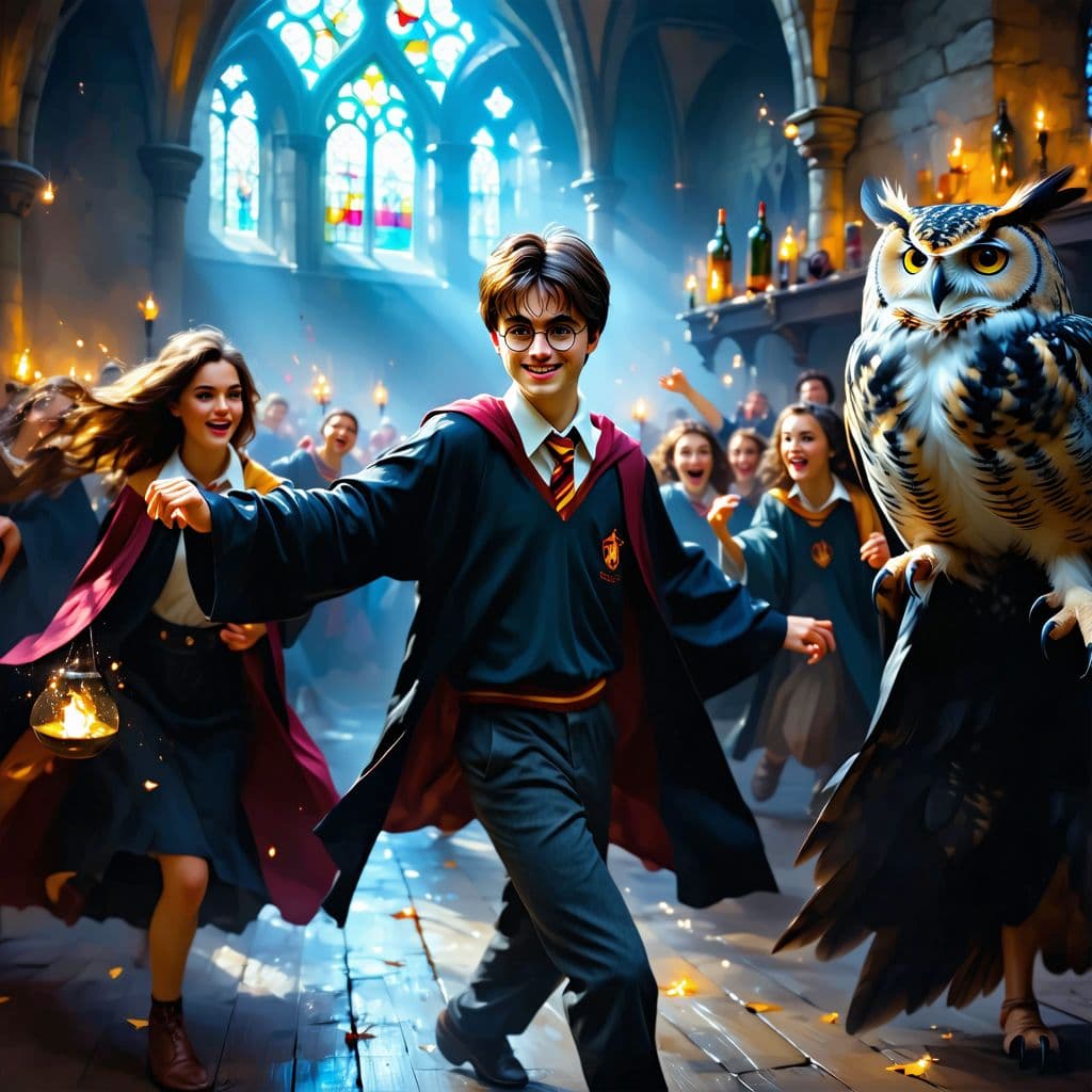 AI generated: Hyperrealistic art of Harry Potter and his friends dancing to electronic music with their friends an...