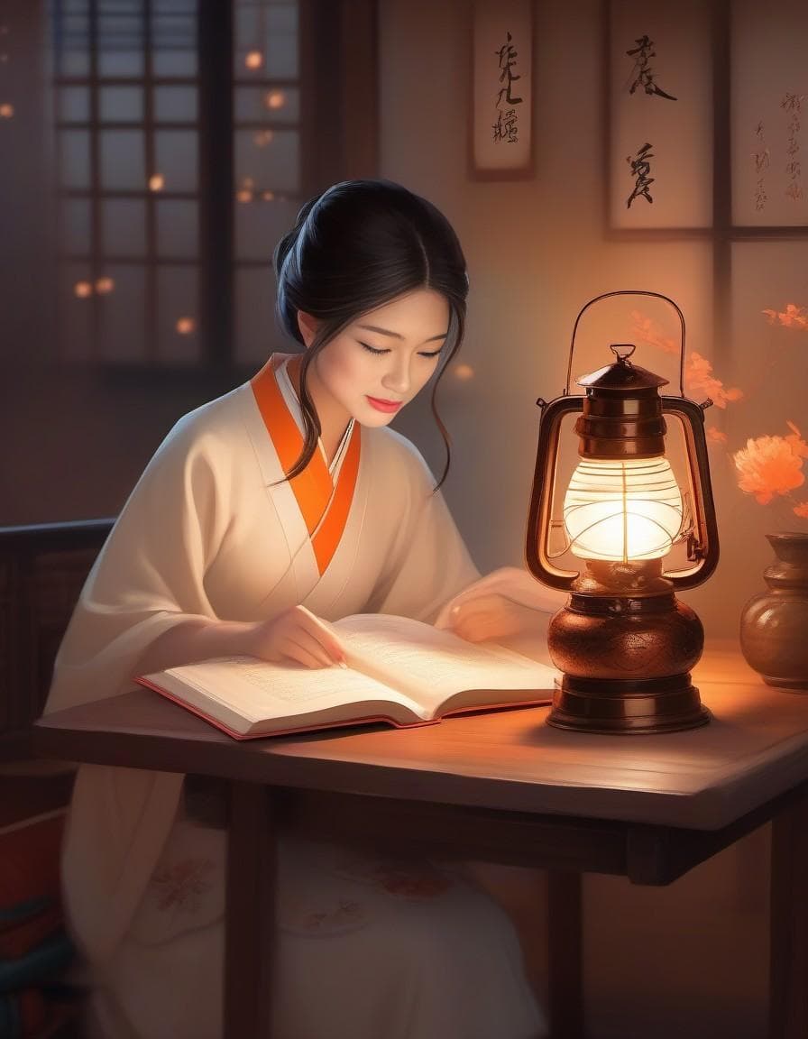 AI generated: chinese illustration of a girl reading a book on a table with lantern, in the style of light beige a...