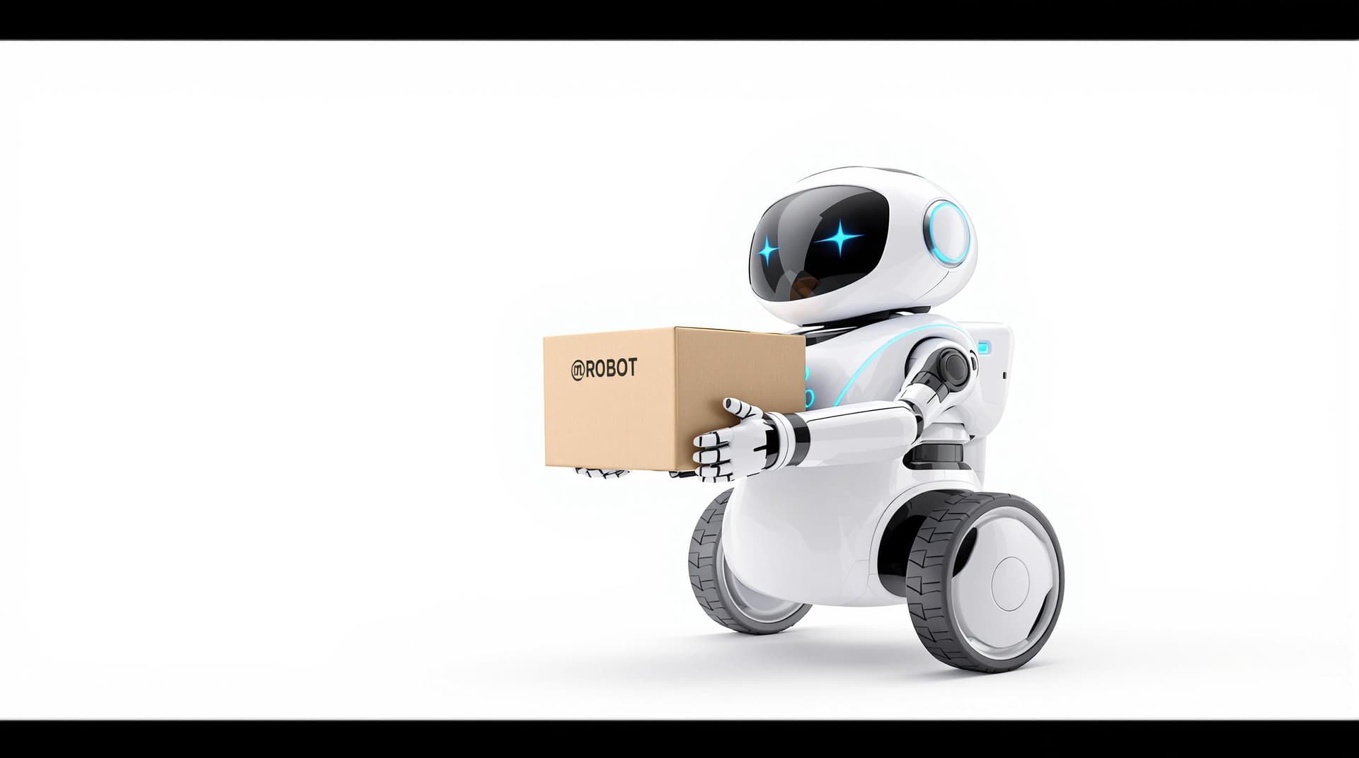 AI generated: A small, futuristic AI delivery robot with wheels holding a package. The design is simple and smooth...