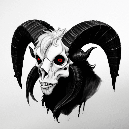 AI generated: Ram skull with horns, black and white drawing, 2d