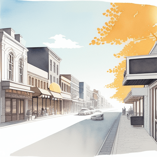 AI generated: Minimalist, detailed illustration, sunny day, main street, ink and watercolour wash