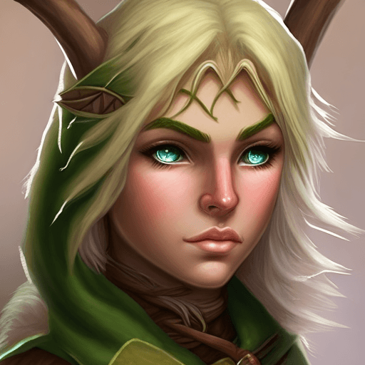 AI generated: young, blonde, female, green eyed, archer, forest elf druid rug character