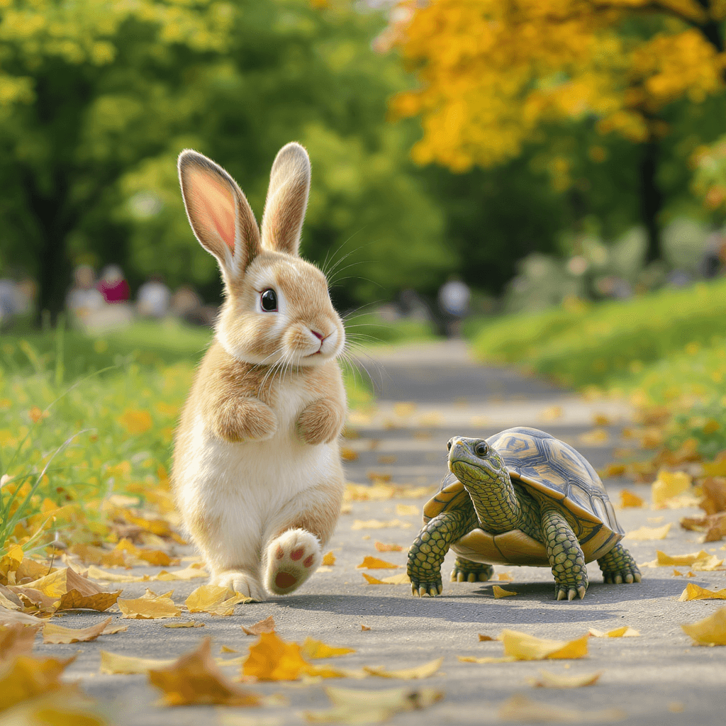 AI generated: a rabbit and turtle jogging in a park
