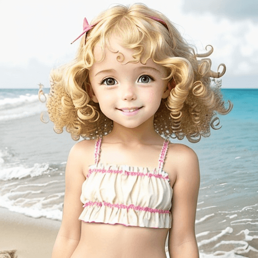 AI generated: at the beach, cute little girl, blonde curly hairs, 