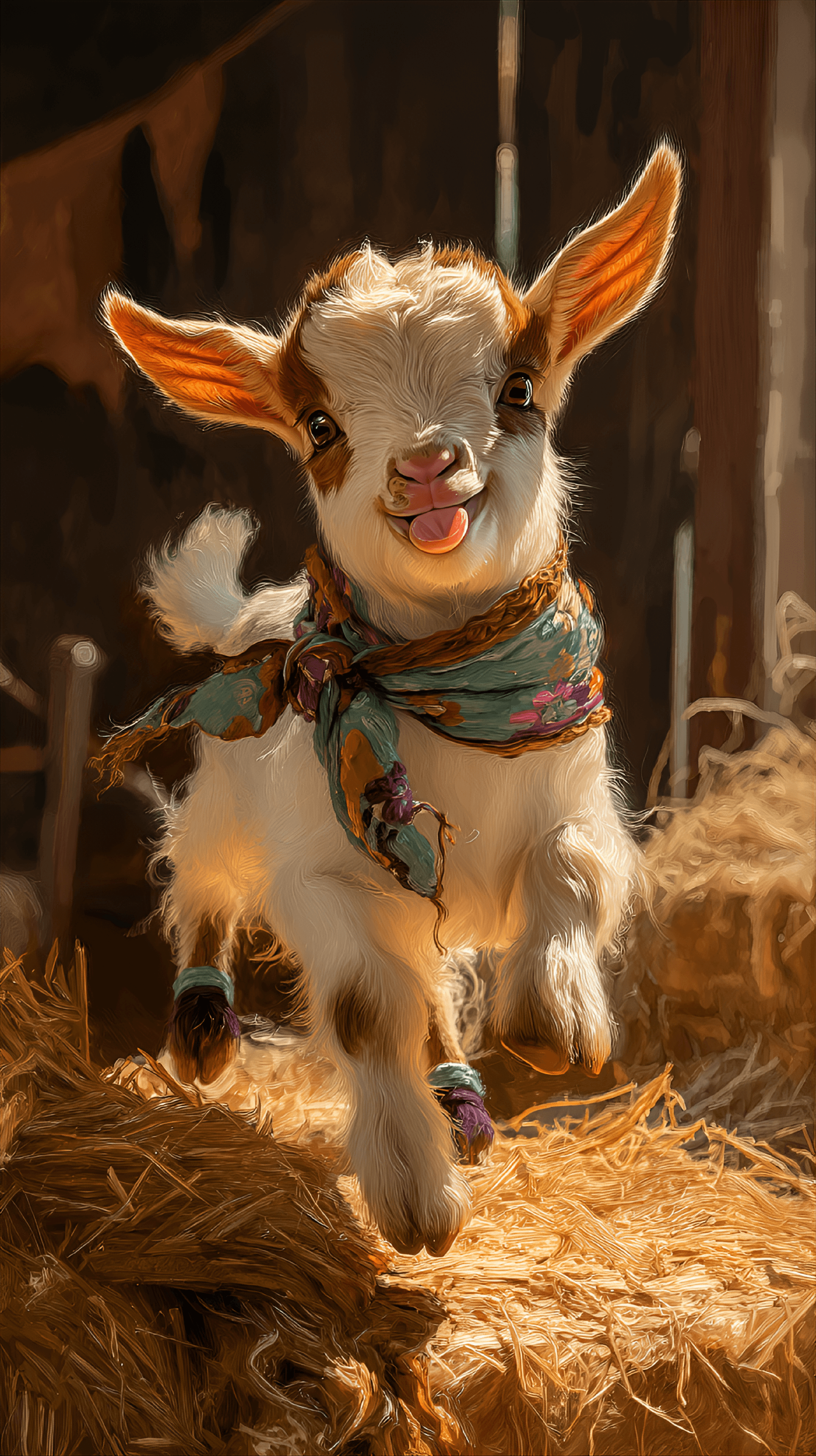 AI generated: a mischievous baby goat with expressive eyes and slightly messy fur, wearing a small colorful scarf ...