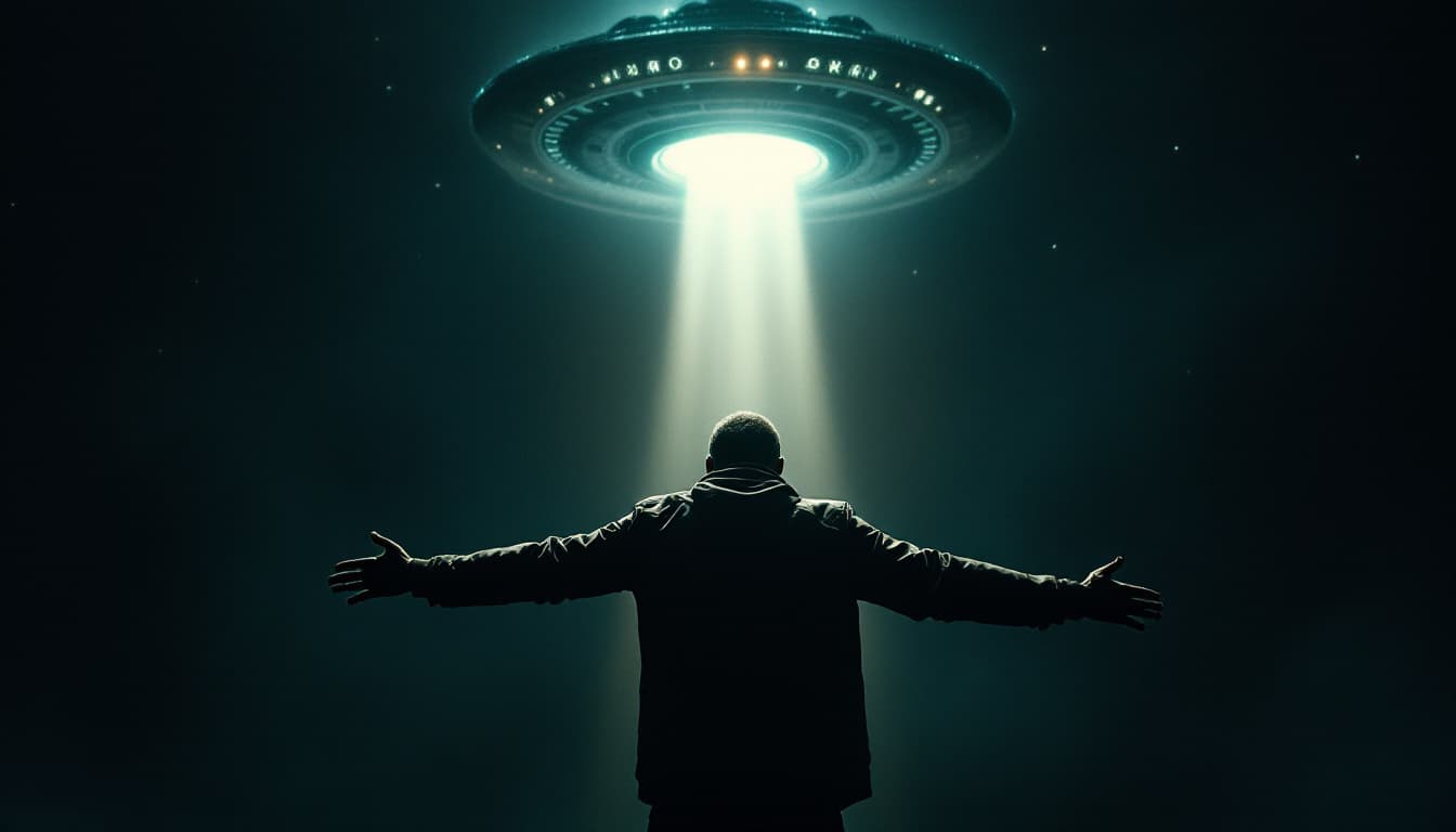 AI generated: A MAN STANDS WITH HIS ARMS OUTSPREADED IN THE NIGHT, WITH AN ALIEN SHIP SHINING A BEAM OF LIGHT ON H...
