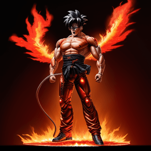 AI generated: 
Terminator T-800 turned into Son Goku, full body, flying, wrapped in red flames