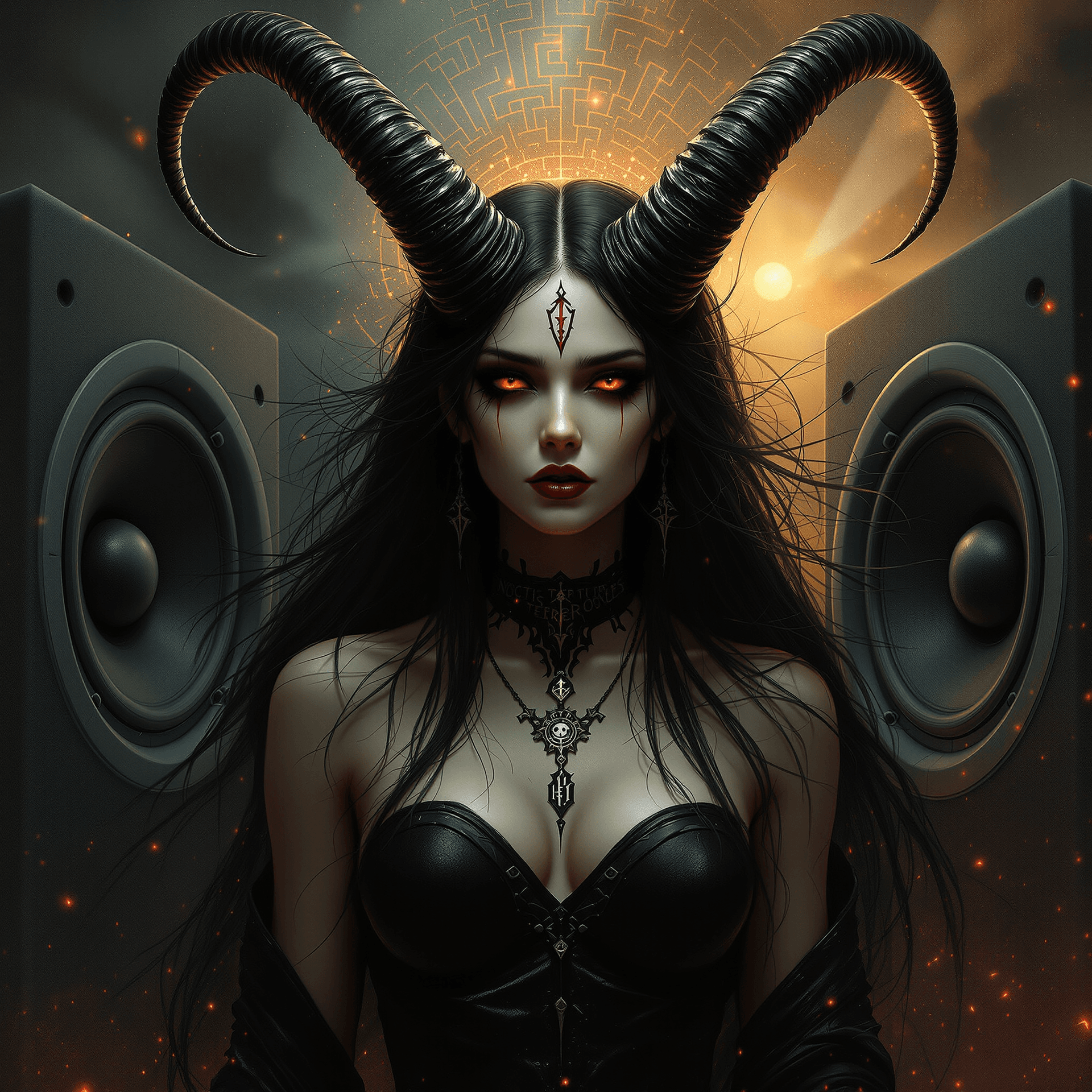 AI generated: A record-album cover, fantasy art: A powerful yet vulnerable female demon, reminiscent of Beksiński'...