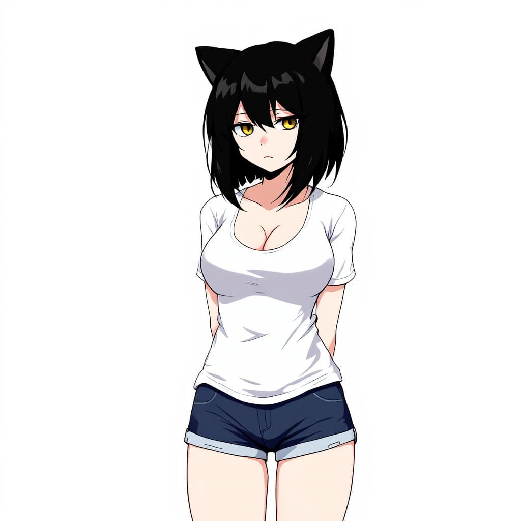 AI generated: anime, woman, black hair, bob cut, cat ears, yellow eyes, black sclera, white t shirt, tight t shirt...