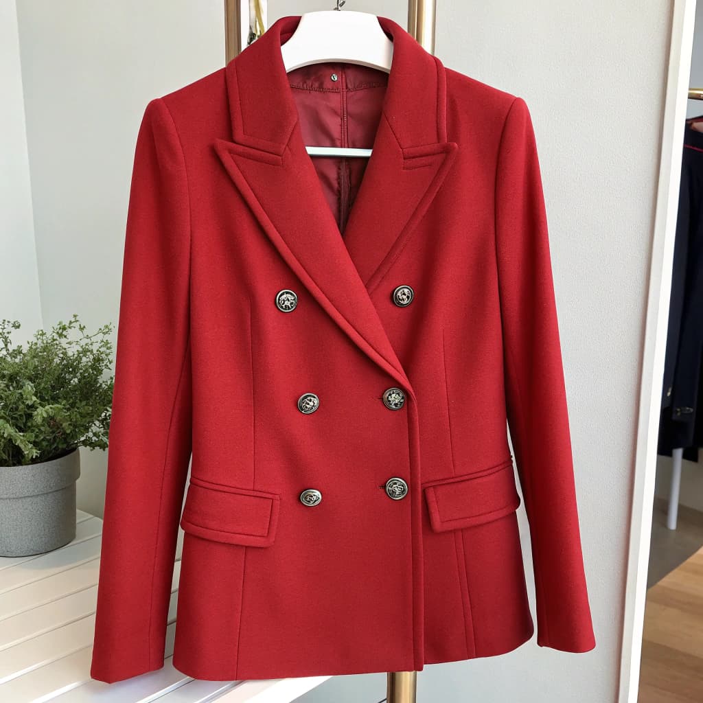 AI generated: This is an image of a red women's jacket made in an elegant and minimalist style. The jacket has a d...