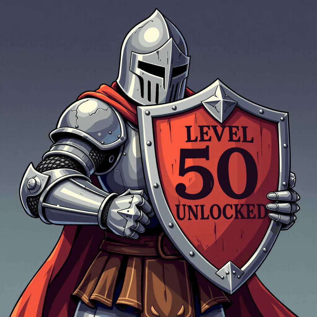 AI generated: A knight in slightly dented armor holding a shield that says "Level 50 Unlocked", fantasy video game...