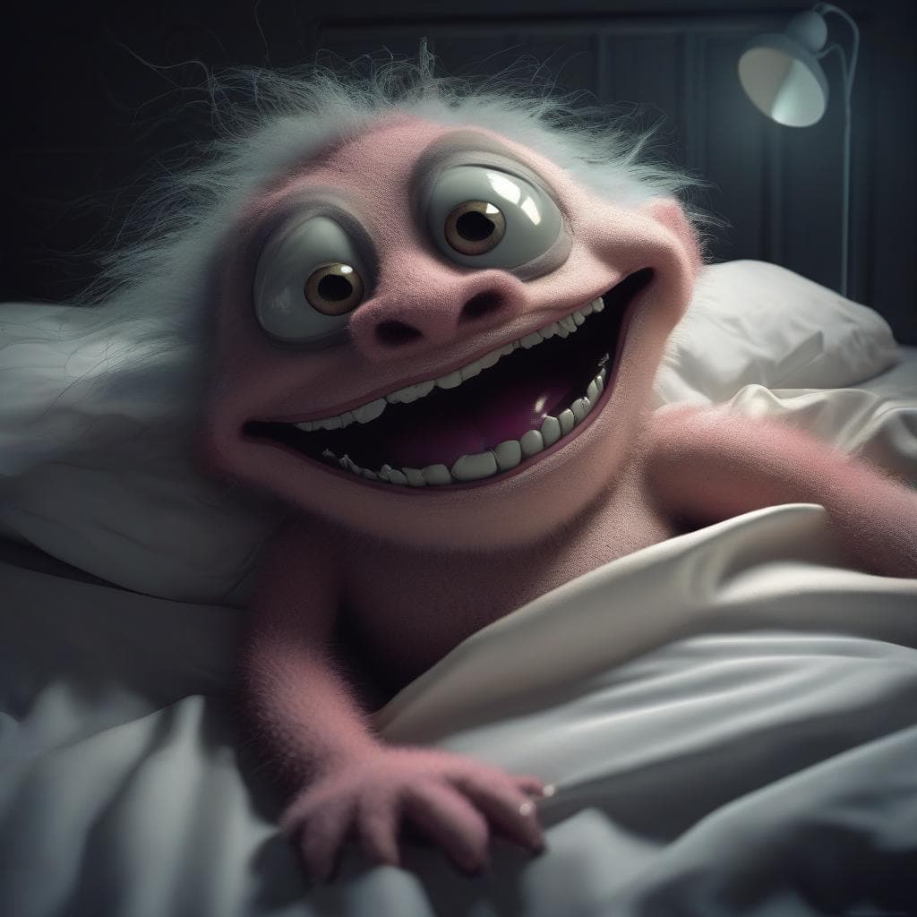 AI generated: a monster chilling in your bedroom at night, in the style of Frank Oz and Jim Henson, quirky charact...
