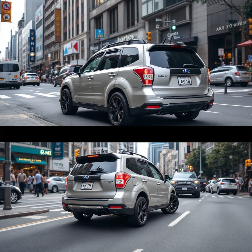 AI generated: a 4k detailed two image of a Subaru forester 2010 model on streets of busy city, wide angle camera s...