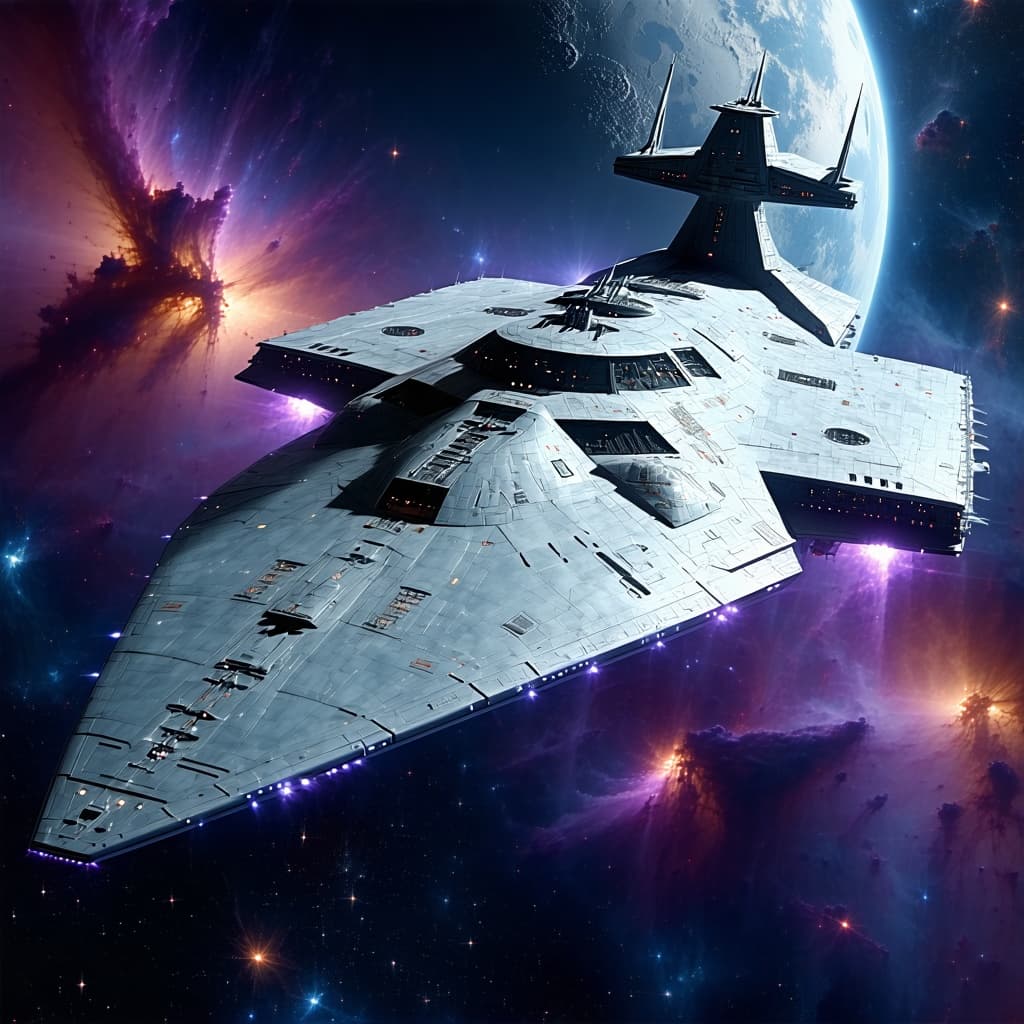 AI generated: Imagine, in detail, a massive Fleetcarrier alien spaceship to show a sleek design. Add paint colorin...