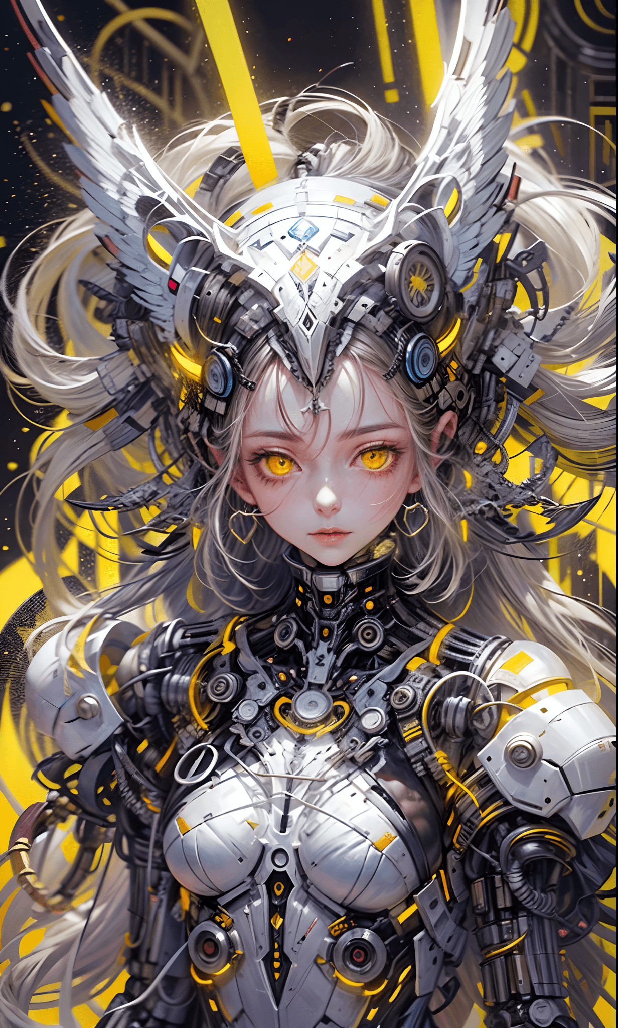 AI generated: 1girl, cosmic environment, rotten fallen archangel, (yellow eyes), biomechanical android, mechanical...
