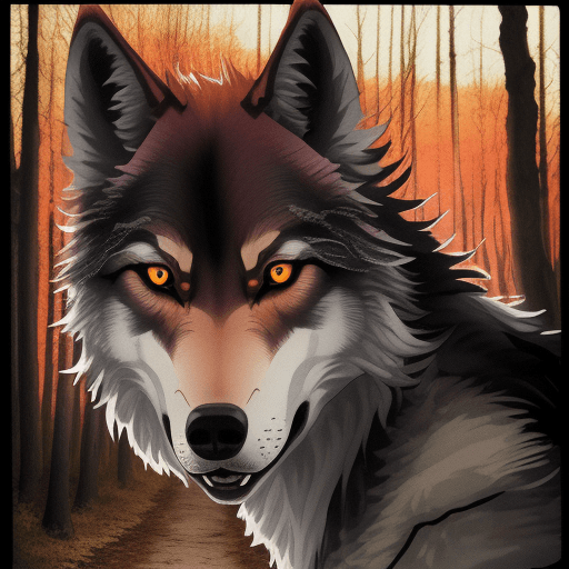 AI generated: ein junger wolf, verirrt im wald, sonnenaufgang, sieht mit süßen augen in die kamera, manga style, 