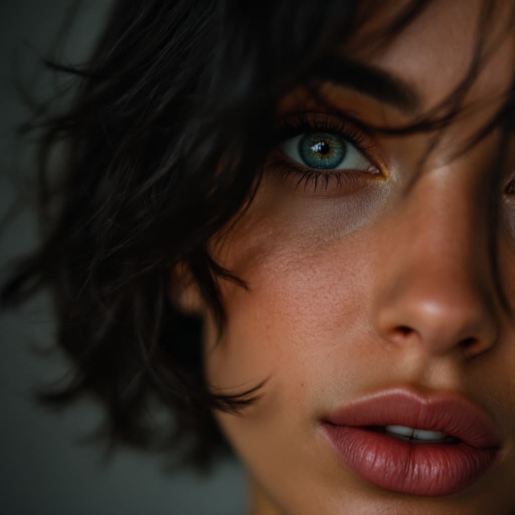 AI generated: 
Close-up portrait of a woman from Portugal, mixed face, no makeup just natural, with short black ha...