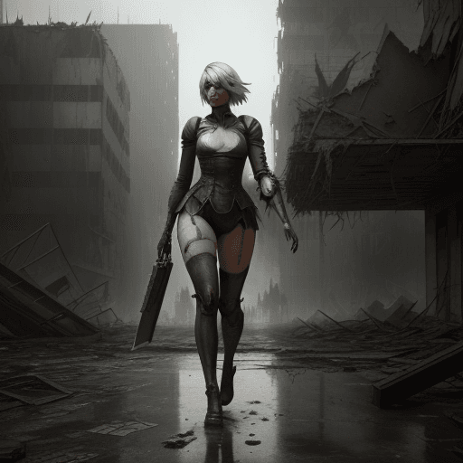 AI generated: photorealistic, full body picture, Margot Robbie as 2b from Nier Automata walking in the ruins of a ...