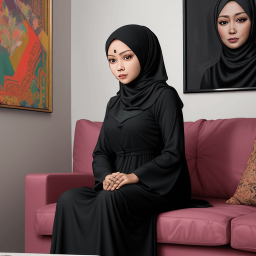 AI generated: color oil painting, a Malay woman wearing a hijab, wearing a black baju kurung, the background of th...