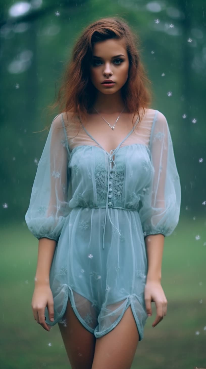AI generated: A pretty young lady wearing a baby blue mini sundress in the style of gossamer fabrics, outdoor, ove...