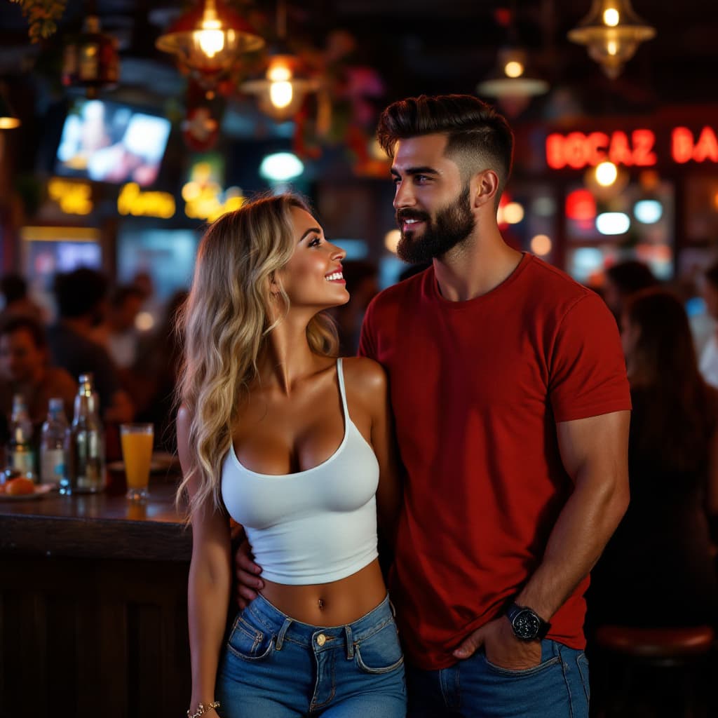 AI generated: A beautiful couple (Ana and Mike) in a crowded local bar. Mike (handsome man, fashion model, dark bu...