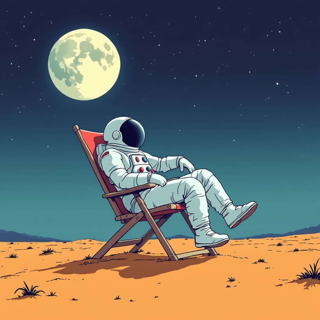 AI generated: Un astronauta sentado en una silla de playa, en la luna. Estilo cómic 