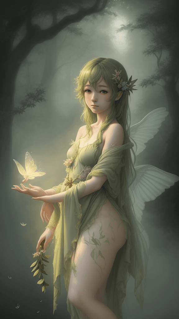 AI generated: olive clouds nymph, painting, magical realism, arabesque, high detail, masayoshi suto, Misty, Glowin...
