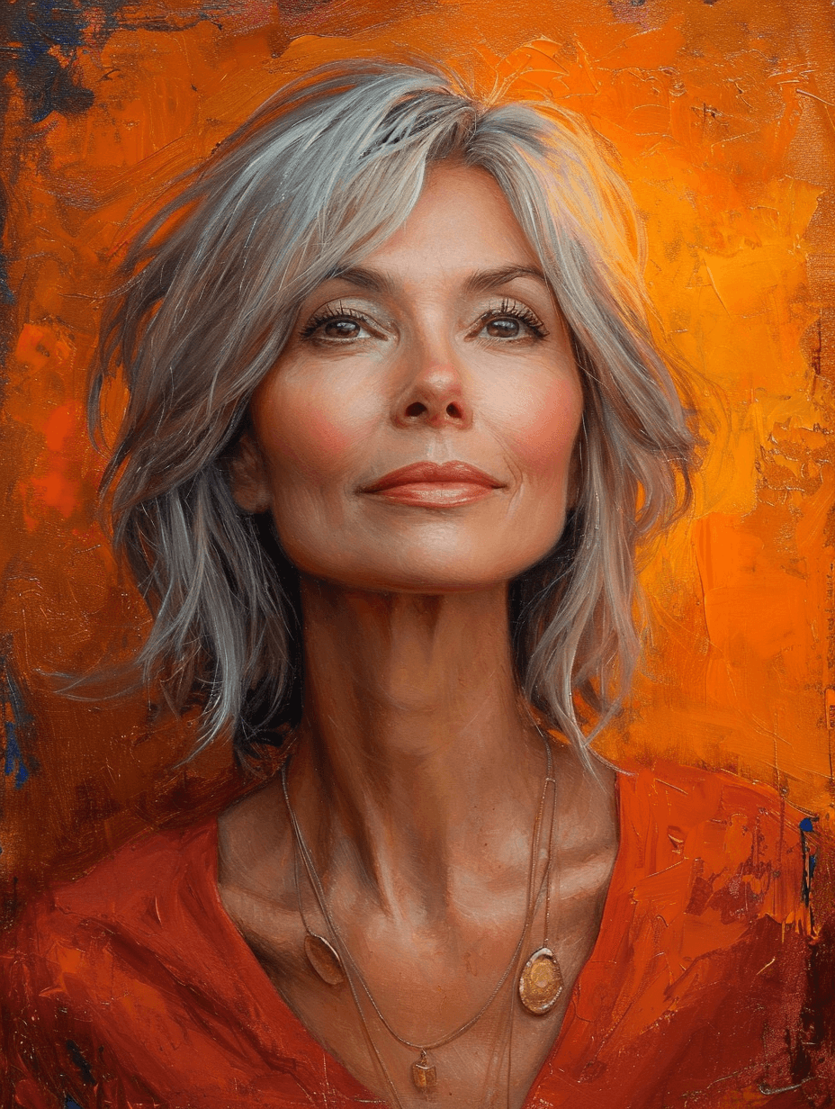AI generated: Portrait of a 40 year old woman, rendered in Acrylic Paint, in the style of Julie Bell, natural ligh...