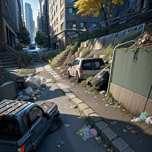 AI generated: small ravine with garbage and vehicle lane in the city 8k, intricate detail, photorealistic, realist...