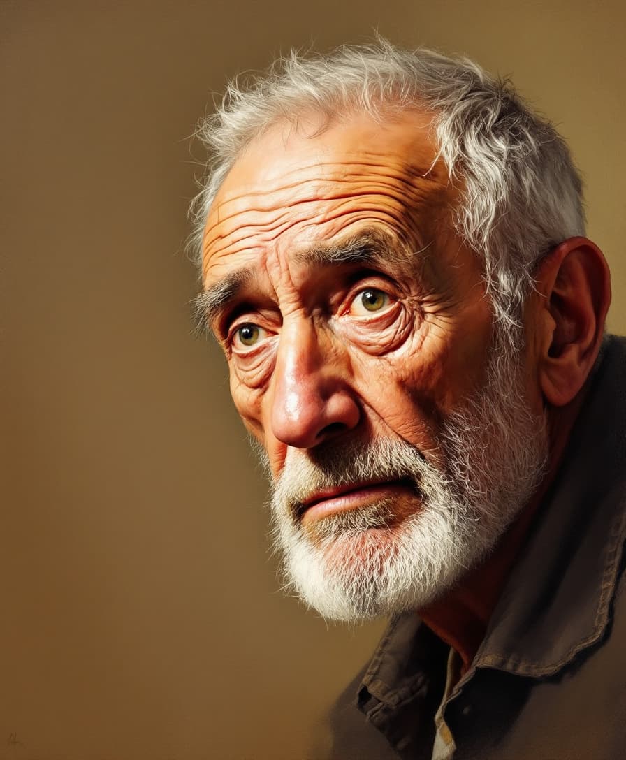 AI generated: Portrait view, oil painting style, 69 year old man, with sad eyes, looking around, short white hair ...