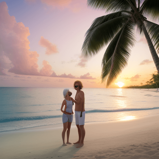 AI generated: Create an image of people, of all ages and gender on holiday in the tropical beech during sunset. It...