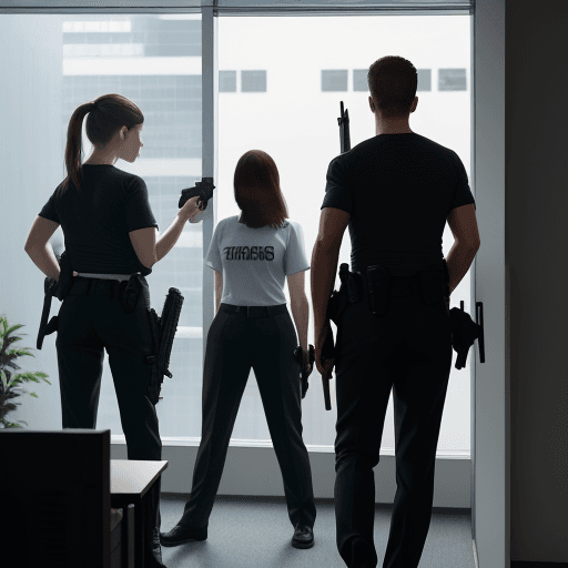 AI generated: A group of office workers (men and women), wearing casual skirts, pants and t-shirts, armed with fir...