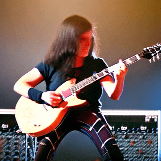 AI generated: Woman as a metal music guitarist, dark long hair, pale white skin, brown eyes, wearing scottish scho...