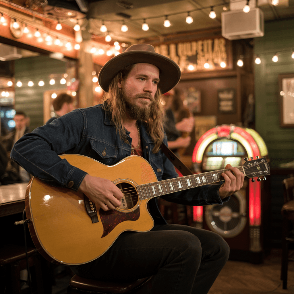 AI generated: A bearded man with long hair wearing a wide-brimmed hat playing an acoustic guitar on stage in a coz...