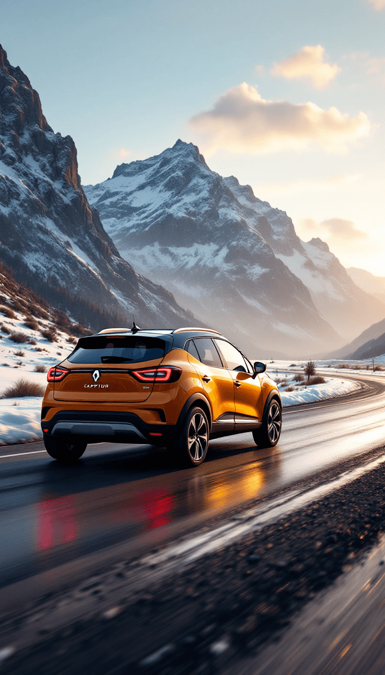 AI generated: Side shot of renault captur driving on a road next to montain, winter day, light reflection on car, ...