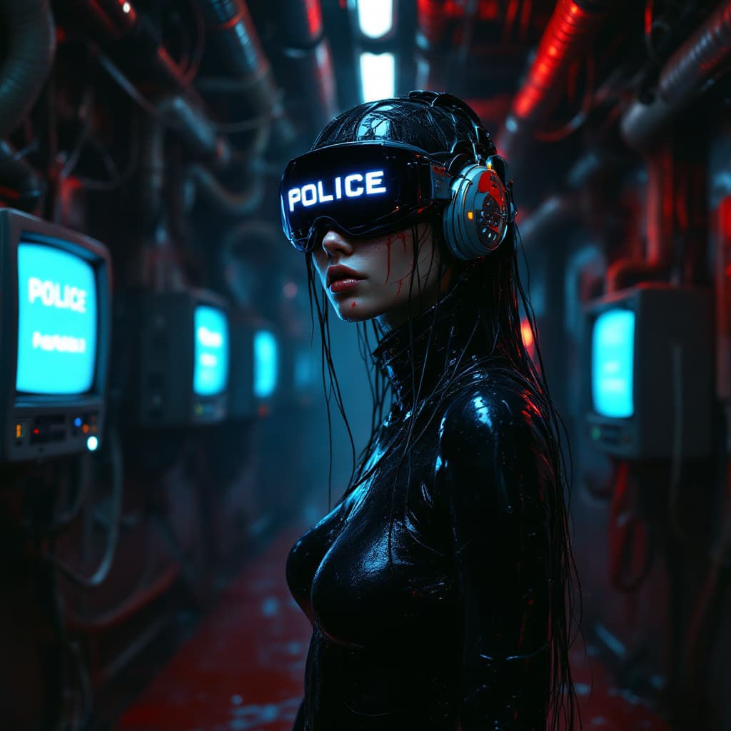 AI generated: 3 quarter angle of a  futuristic cyberpunk humanoid with a sleek black latex bodysuit, wearing a hig...