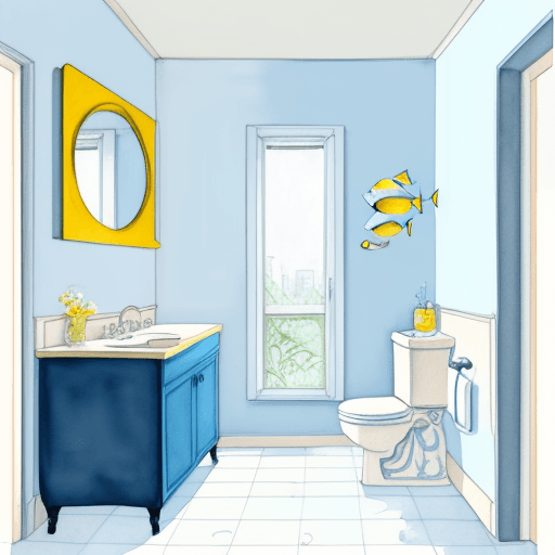 AI generated: old apartment, bathroom, Watercolor, outline blue and yellow, nature scene, Monochromatic White back...