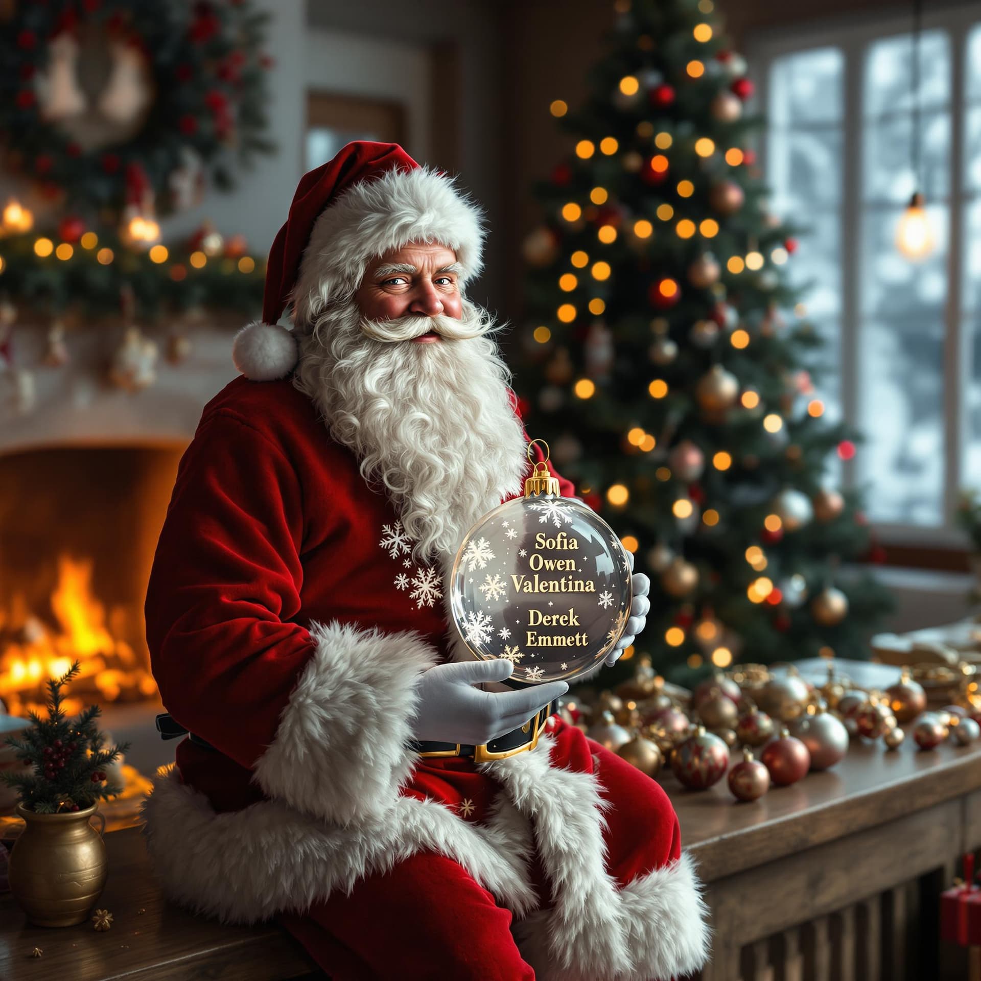 AI generated: hyperrealistic scene of Santa Claus sitting on a shelf. Santa Claus is holding a translucent crystal...