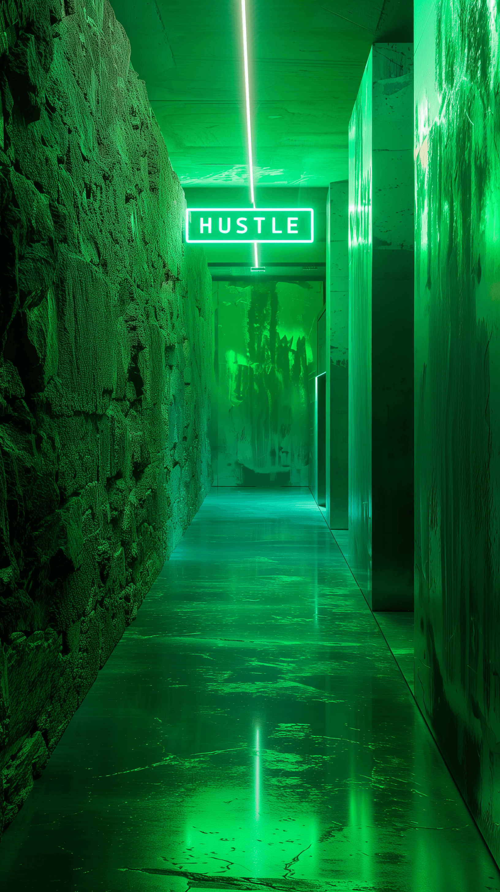 AI generated: architectural photography, envision a corridor glowing with a serene green light that bathes the spa...