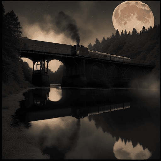 AI generated: An old 1930s steam train crossing a bridge over water far away in the distance, and golden light pee...