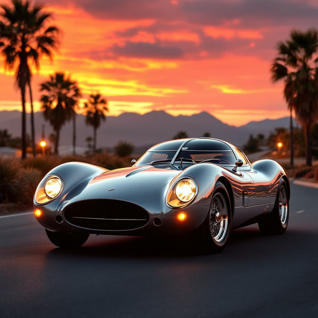 AI generated: A vintage sports car in a retro-futuristic style style, with sunset lighting, featuring sleek chrome...