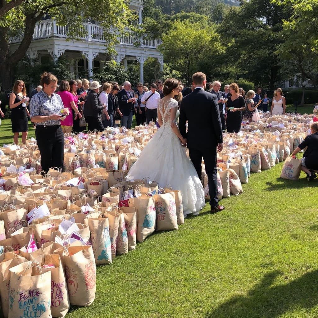 AI generated: Thousands of souvenir bags being arranged in the garden with guests and a newly wedded couple 