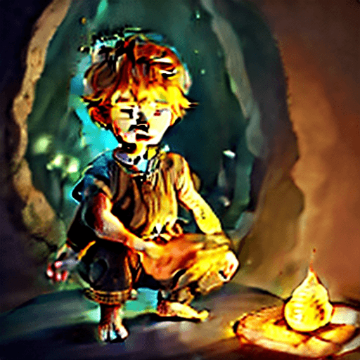 AI generated: little fair-haired boy, orange light with a face and spectrum of light, fairy tale, adventure, kingd...